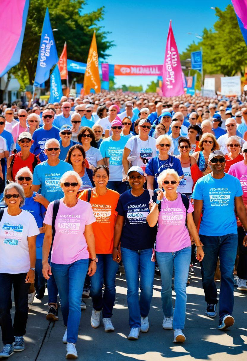 A poignant scene depicting a diverse group of photographers capturing moments of hope and resilience in a vibrant walk for cancer awareness. The background features colorful banners, participants sharing stories, and candid smiles, all framed under a clear blue sky. Emphasize warmth, solidarity, and the power of photography in raising awareness. Capture emotions through dynamic compositions and vivid colors. super-realistic. vibrant colors. 3D.