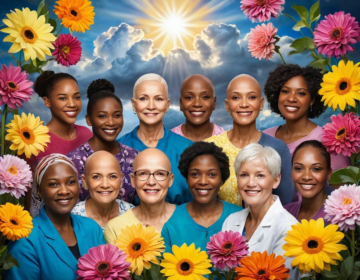A powerful composition displaying a diverse group of cancer survivors sharing their stories, surrounded by vivid imagery that symbolizes hope and strength. Capture the raw emotions on their faces, intertwined with visual elements like blooming flowers and rays of sunlight breaking through dark clouds. The background should have uplifting colors that represent resilience. super-realistic. vibrant colors. soft focus.
