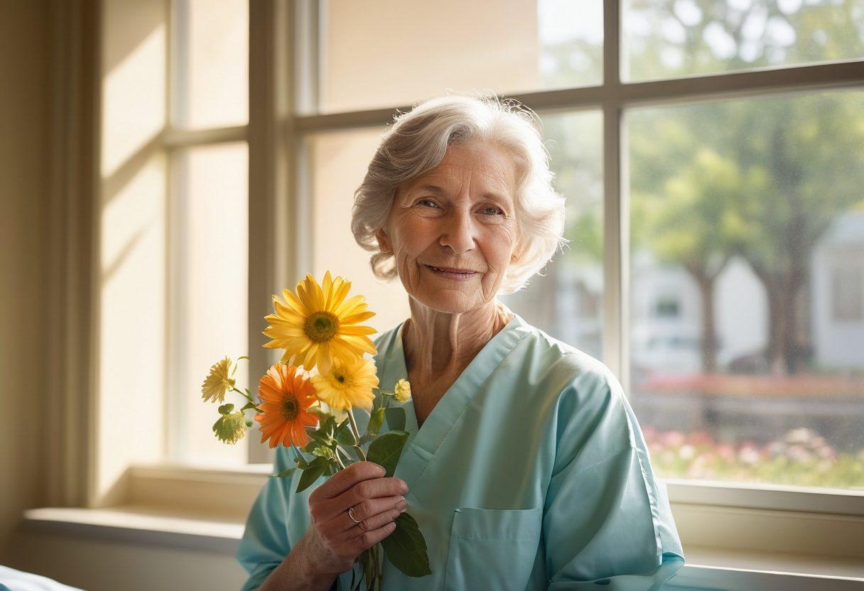 A poignant photograph depicting a patient holding a blooming flower, with soft sunlight filtering through a hospital window, symbolizing hope and renewal. Surrounding the patient, there are framed photographs of joyful moments captured in life, creating a collage of memories. The color palette should convey warmth and positivity, invoking emotions of resilience and strength. super-realistic. vibrant colors. soft focus.
